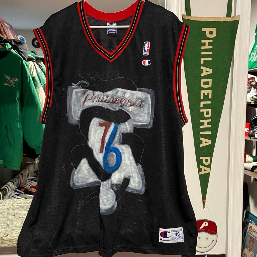 Vintage Champion Philadelphia Sixers Custom Painted Throwback Basketball Jersey